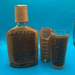 Vintage Tooled Leather Flask and 2 Shot Glasses.